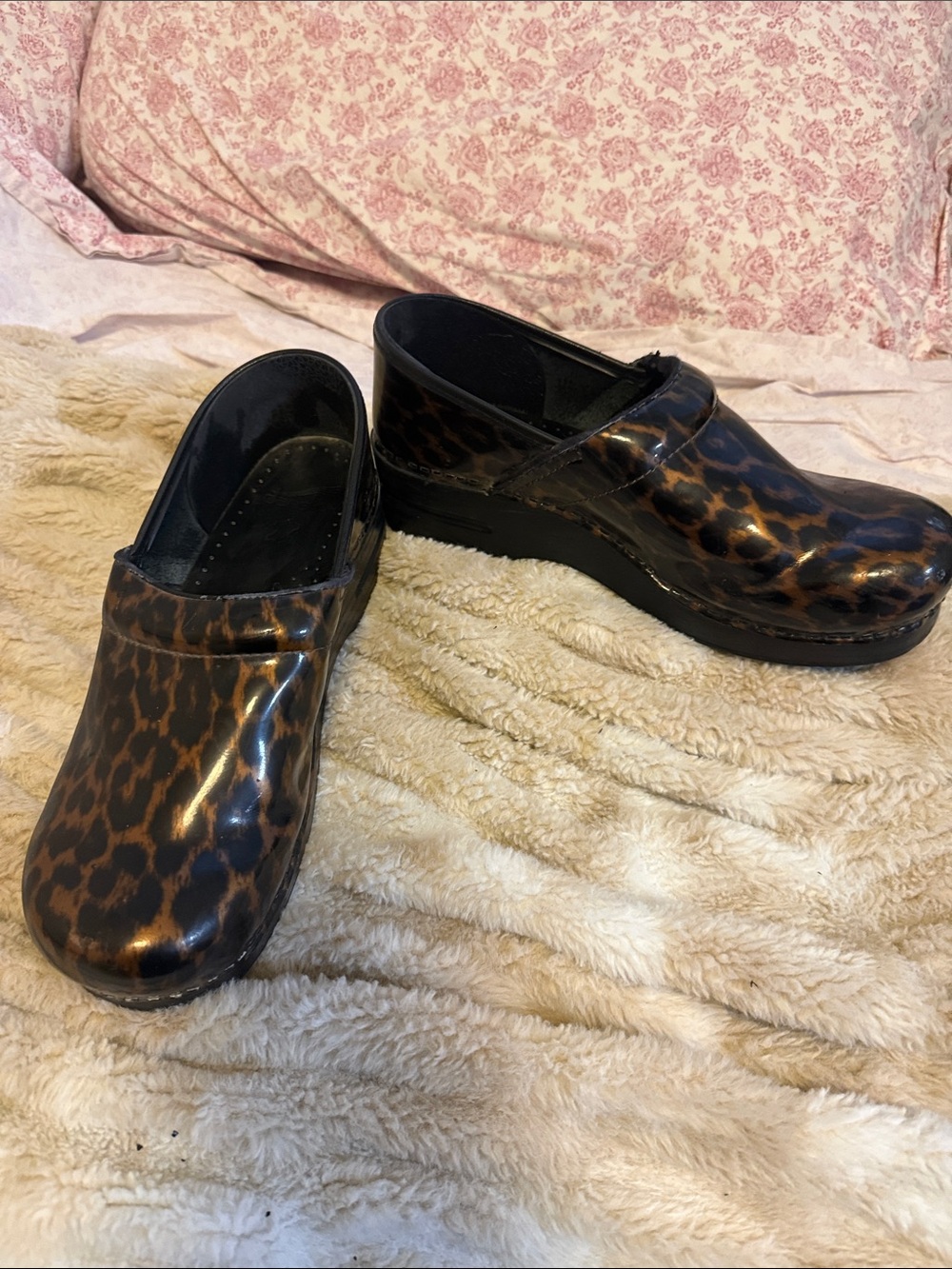 Dansko Leopard Print Patent Leather Clogs - Brown Black